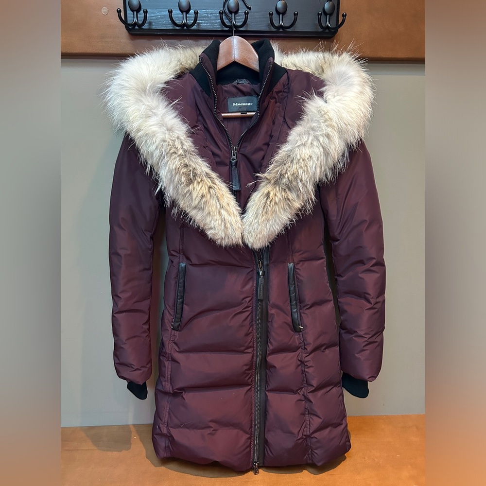 Mackage Down Burgundy Coat with Coyote Fur (Size X-small)